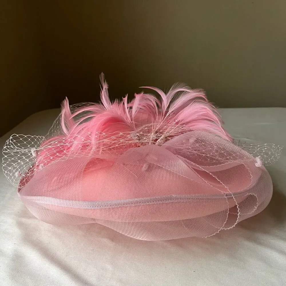 Vintage Pink Feathered Veiled Pillbox Hat - Picture 3 of 10